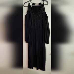 Bare shoulder pleated Michael Kors dress with silver bead accents.